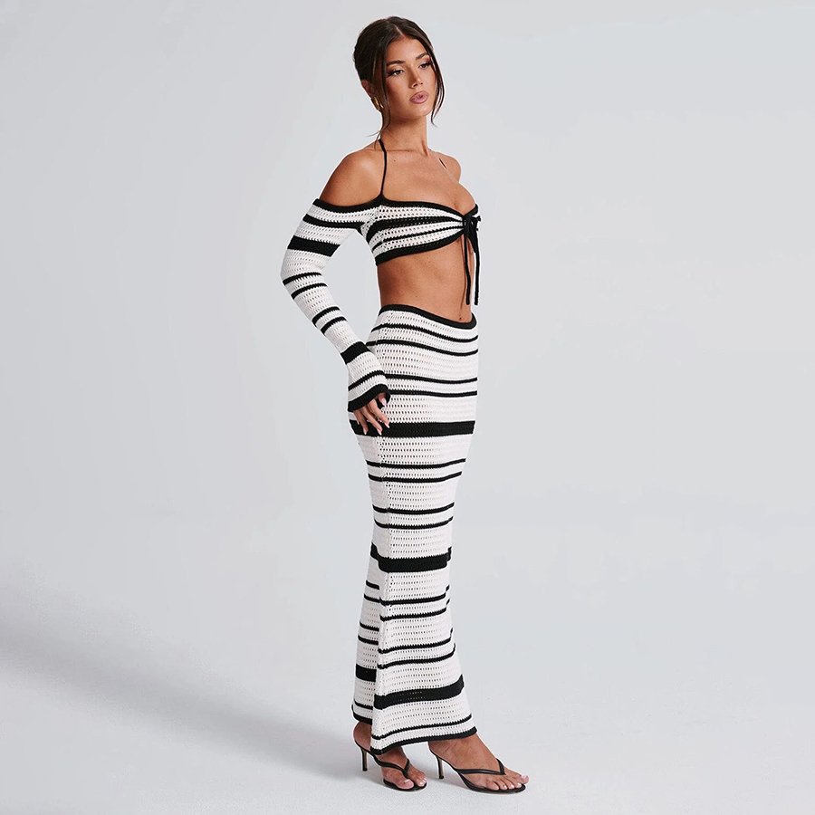Kliou W24S48913 New Striped 2 Piece Set Women Casual Knitted Two Pieces Sexy Knit Tops+ Skirt Women's Sets