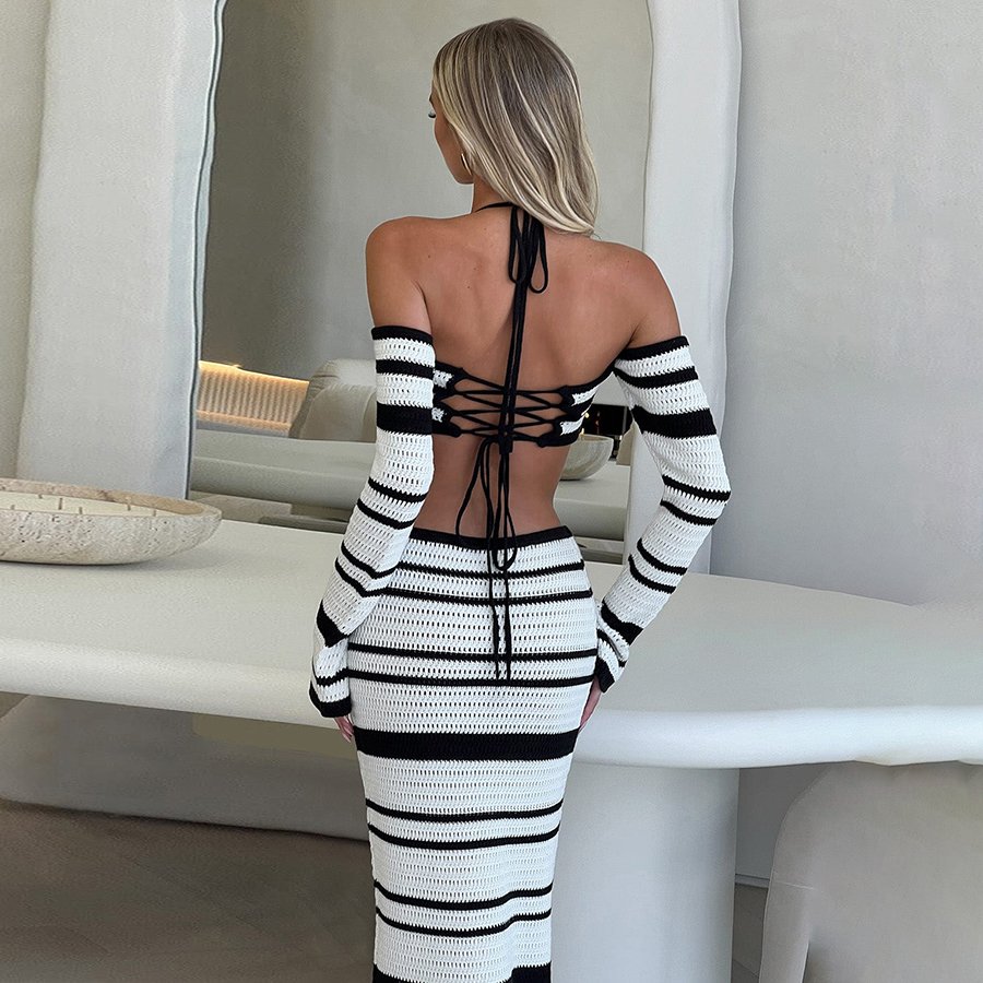 Kliou W24S48913 New Striped 2 Piece Set Women Casual Knitted Two Pieces Sexy Knit Tops+ Skirt Women's Sets