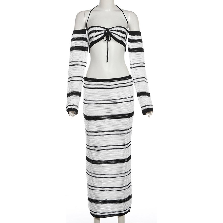 Kliou W24S48913 New Striped 2 Piece Set Women Casual Knitted Two Pieces Sexy Knit Tops+ Skirt Women's Sets