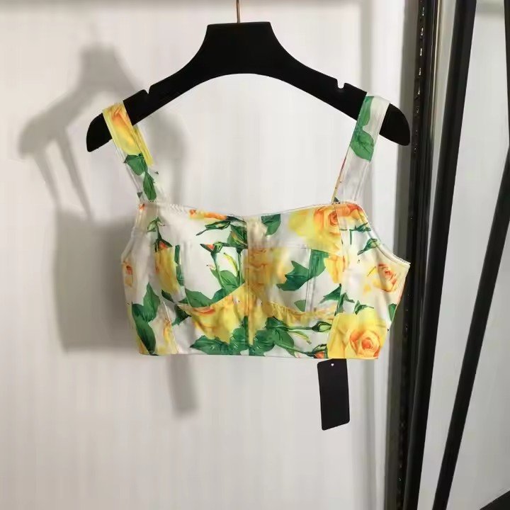 2024 summer new women's set full of printed rose flower print strapless halter top + high waist mid-length skirt