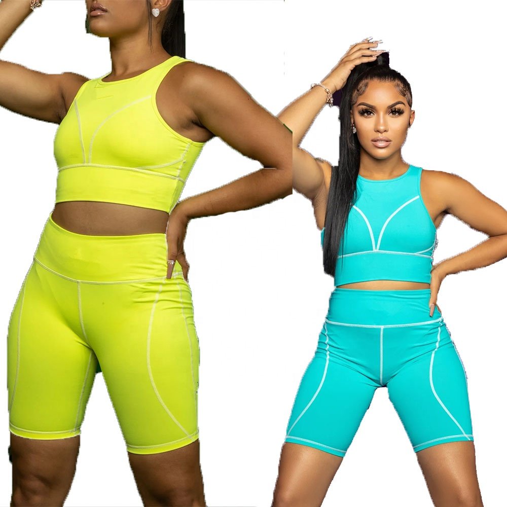 KY Women's Gym Fitness Crop Top and Biker Shorts Set Contrast Stitching Plus Size Breathable for Running Gray