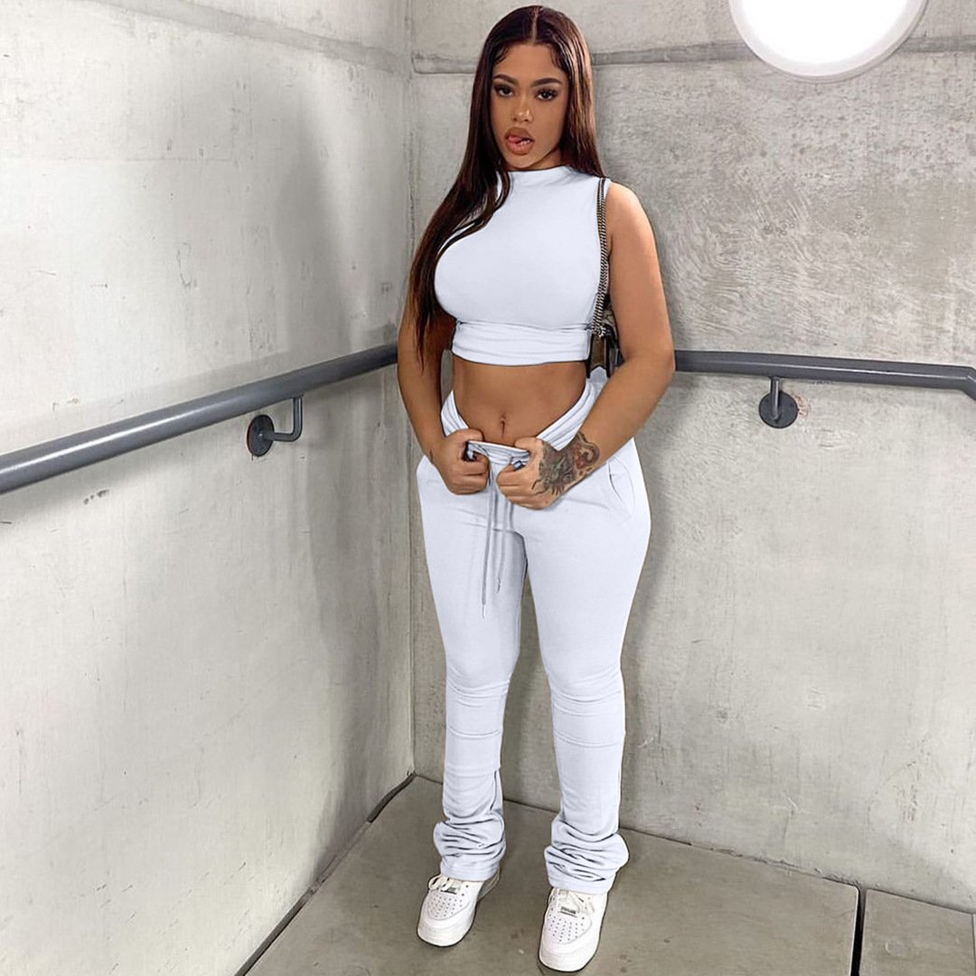 Think 2022 Solid Sleeveless Turtleneck Crop Top Stretchy Stacked Pants Two 2 Piece Sets Tracksuit Outfits Clothing Women's Sets