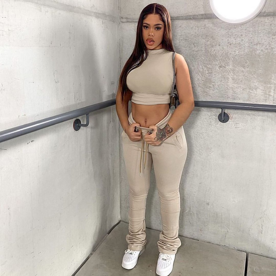 Think 2022 Solid Sleeveless Turtleneck Crop Top Stretchy Stacked Pants Two 2 Piece Sets Tracksuit Outfits Clothing Women's Sets