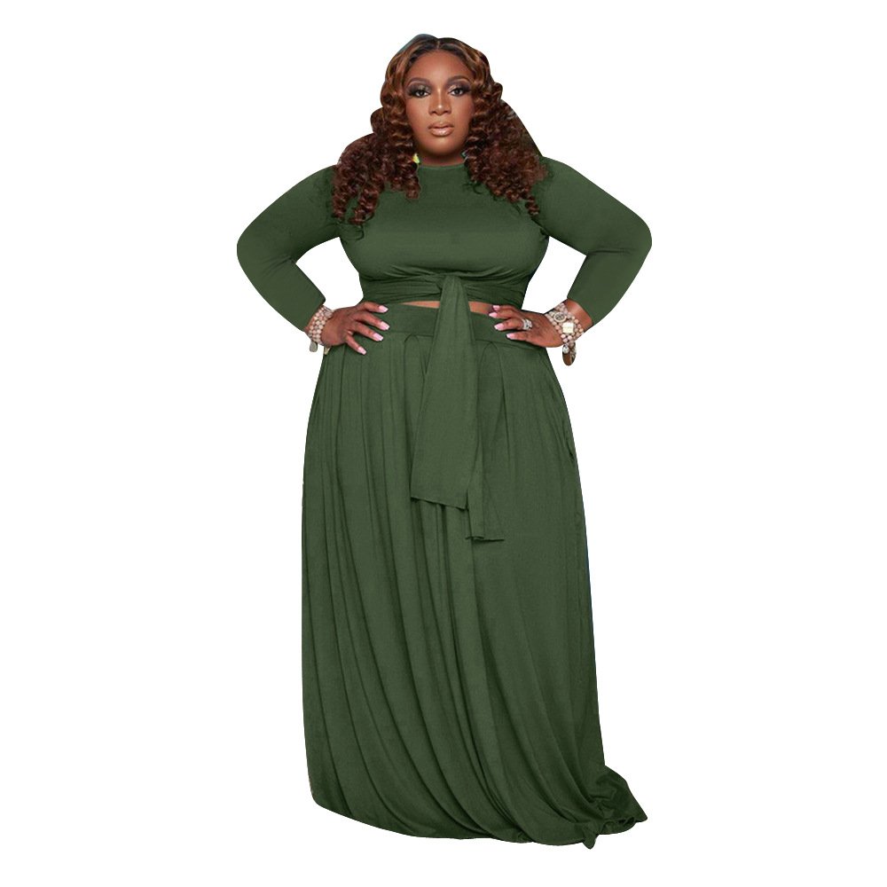 XL-5XL Plus Size Women's Casual Bandage Lace up Crop Tops with Long Skirt Sets Solid Color 2-Piece Outfits Knitted Fabric ODM