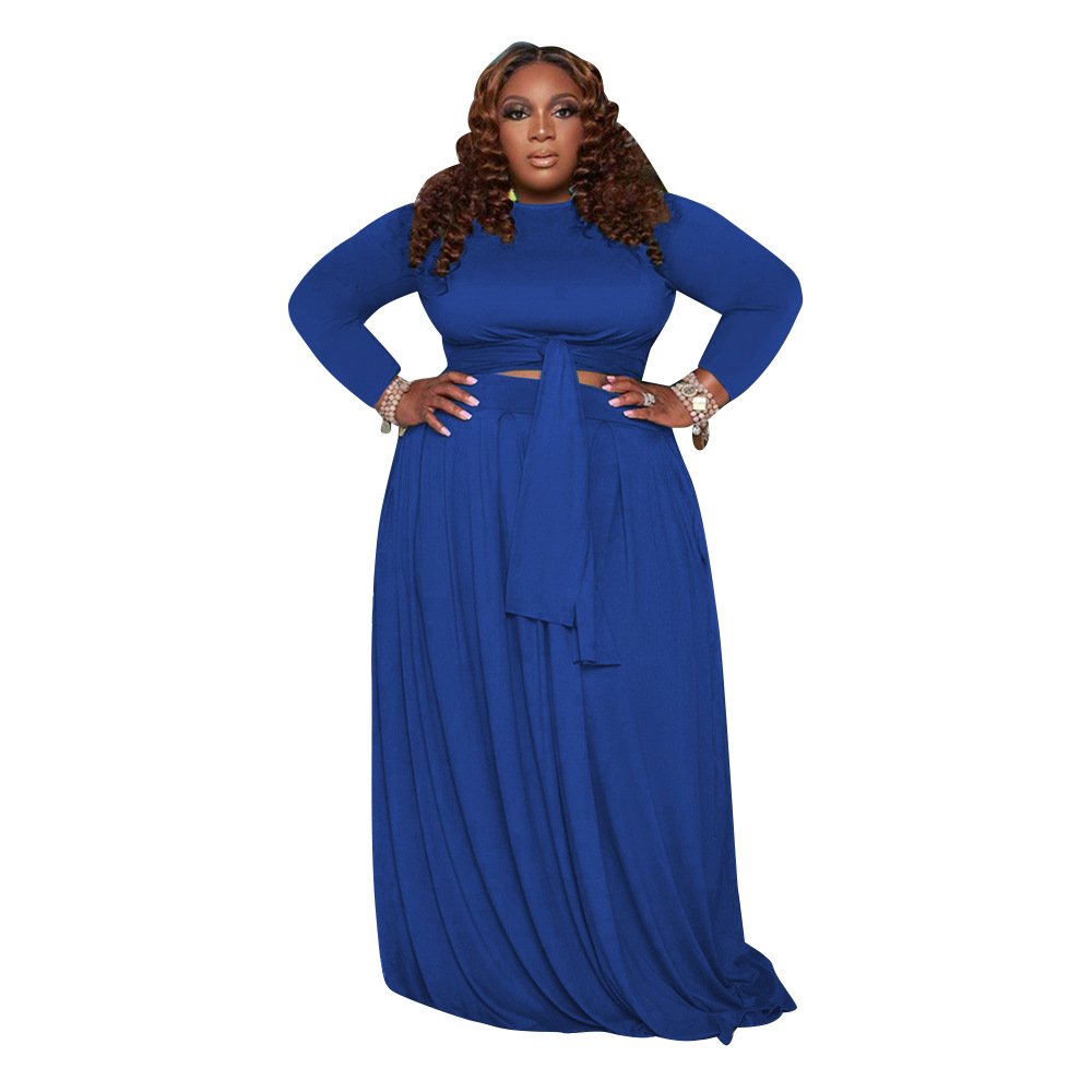 XL-5XL Plus Size Women's Casual Bandage Lace up Crop Tops with Long Skirt Sets Solid Color 2-Piece Outfits Knitted Fabric ODM