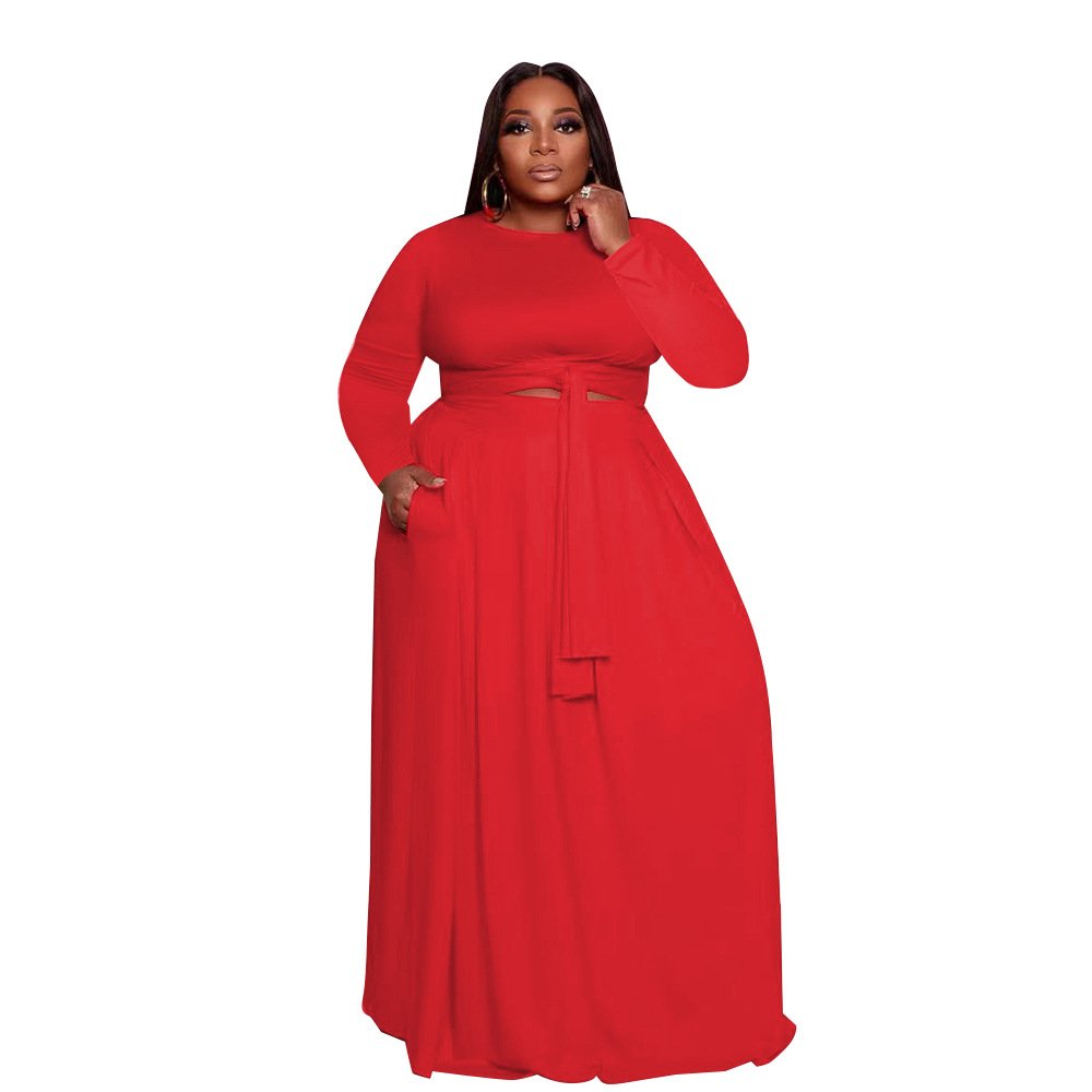XL-5XL Plus Size Women's Casual Bandage Lace up Crop Tops with Long Skirt Sets Solid Color 2-Piece Outfits Knitted Fabric ODM