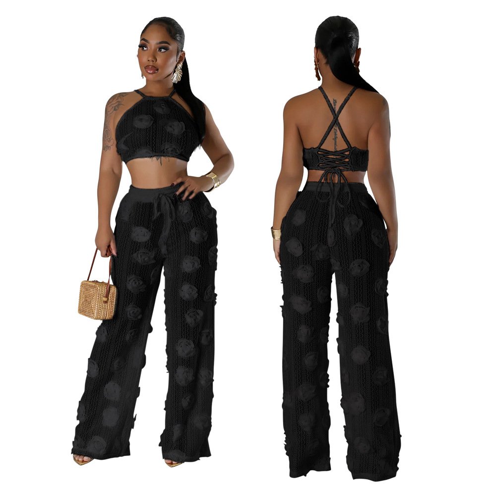 2025 Autumn Women Halter Solid Backless Flower See Through Strap Lace Pants Set