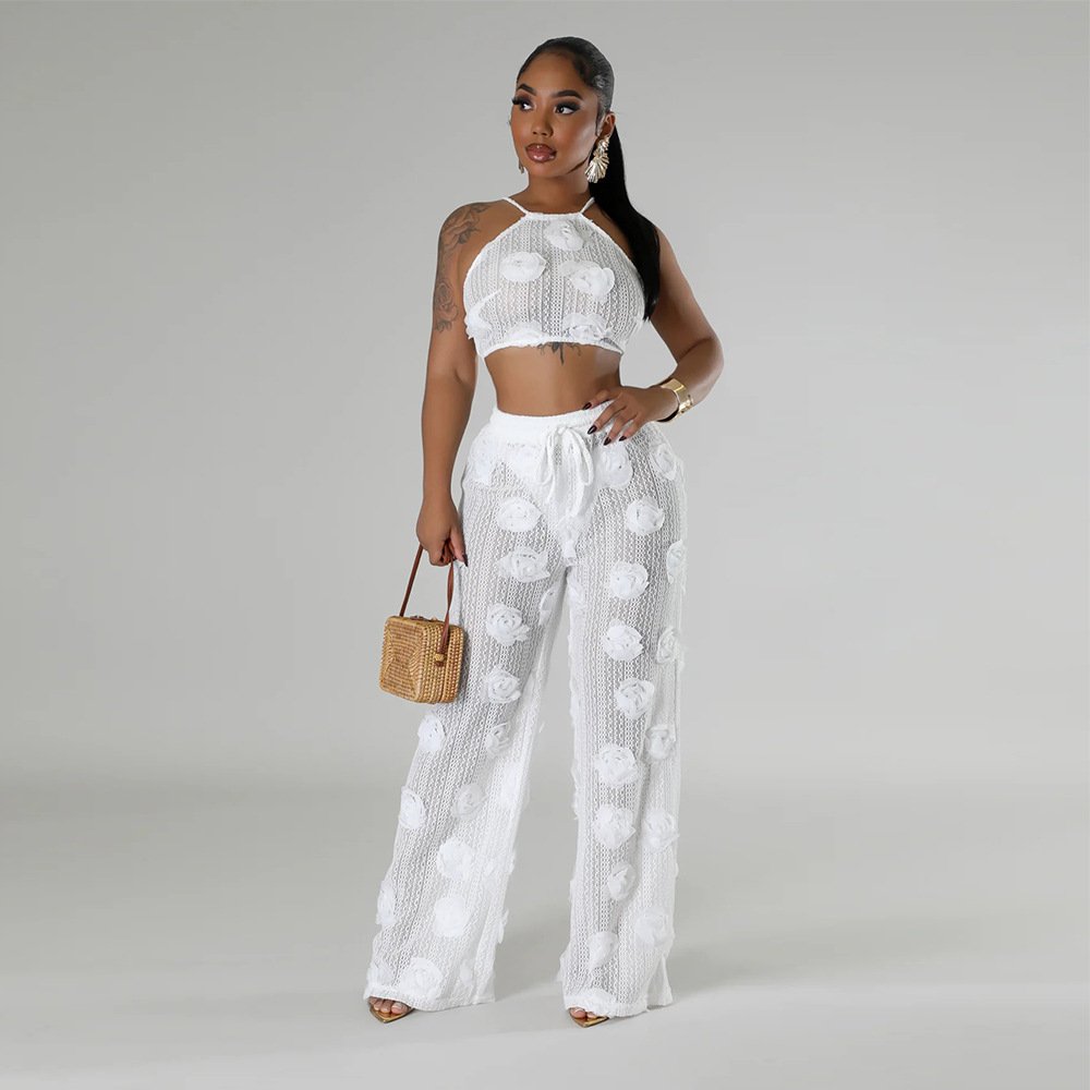 2025 Autumn Women Halter Solid Backless Flower See Through Strap Lace Pants Set
