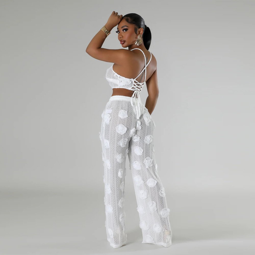 2025 Autumn Women Halter Solid Backless Flower See Through Strap Lace Pants Set