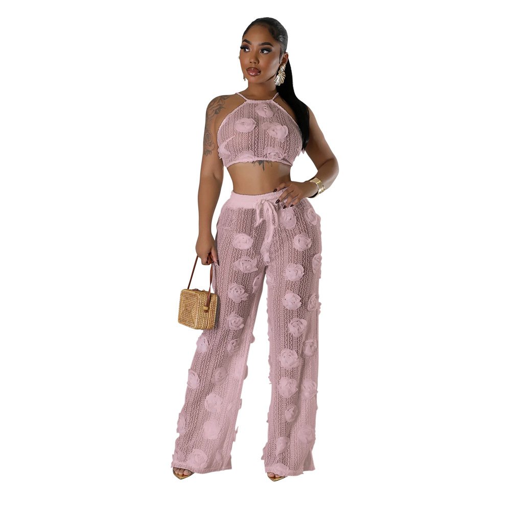 2025 Autumn Women Halter Solid Backless Flower See Through Strap Lace Pants Set