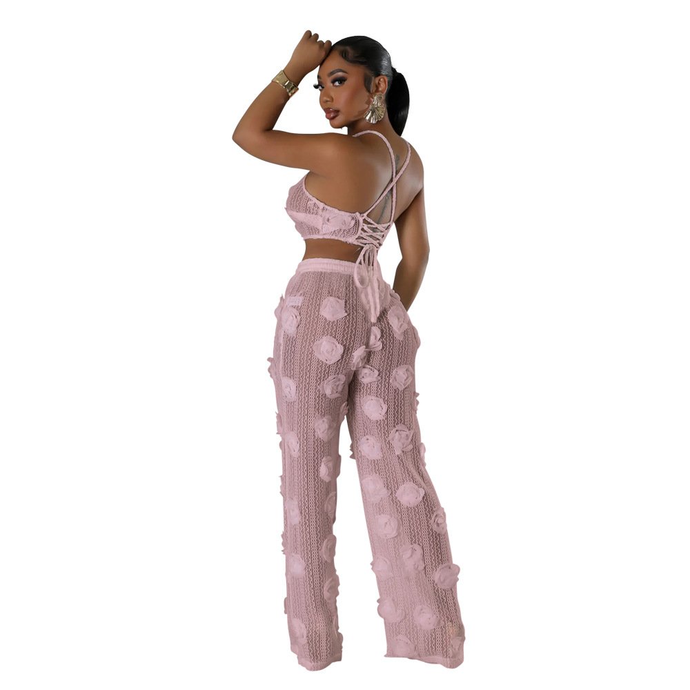 2025 Autumn Women Halter Solid Backless Flower See Through Strap Lace Pants Set