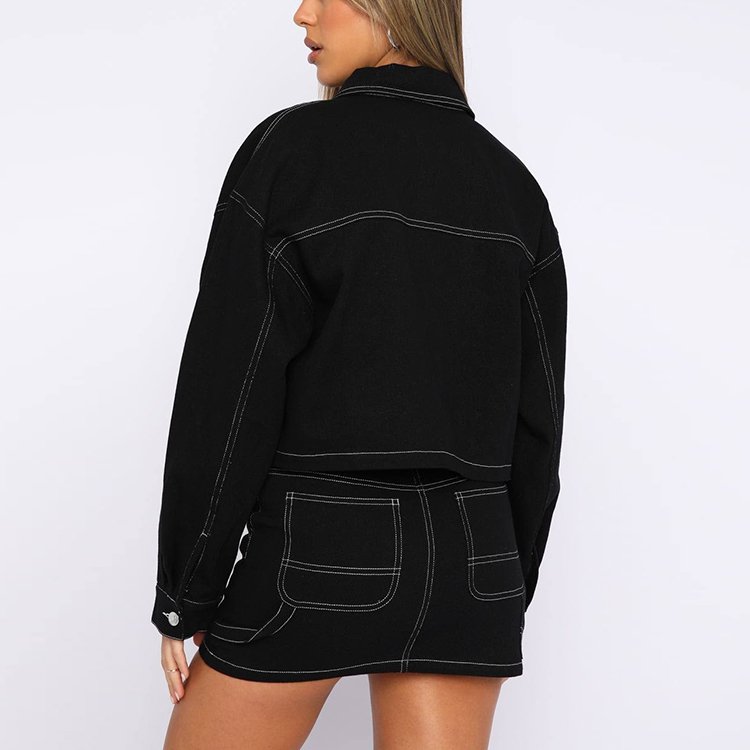 Autumn New Casual Street Women's 2 Piece Set Contrast Stitch Black Long Sleeve Denim Jackets with Mini Jean Skirt Outfits