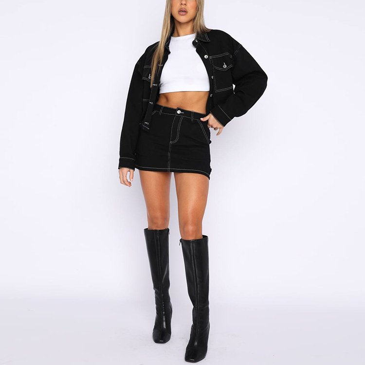 Autumn New Casual Street Women's 2 Piece Set Contrast Stitch Black Long Sleeve Denim Jackets with Mini Jean Skirt Outfits