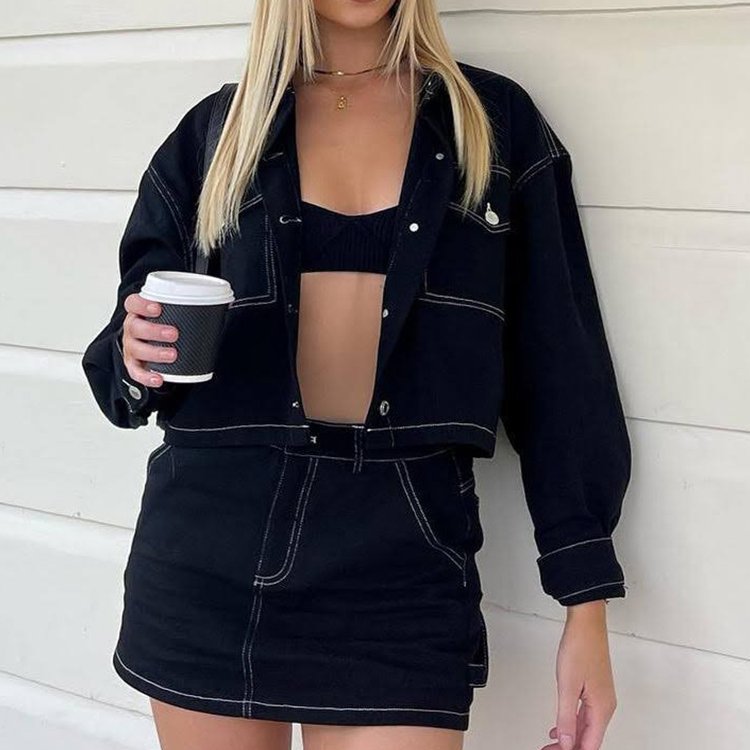 Autumn New Casual Street Women's 2 Piece Set Contrast Stitch Black Long Sleeve Denim Jackets with Mini Jean Skirt Outfits