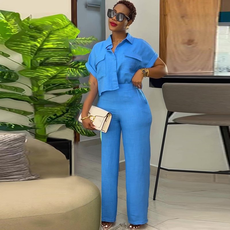 Wholesale 2024 Spring Fashion Women's Sets Button Up Turn Down Collar Short Sleeved Shirt Wide Leg Pants Two Piece Set