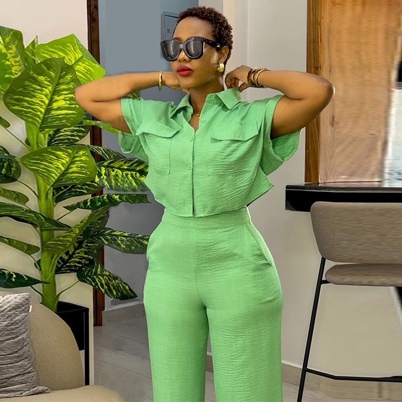 Wholesale 2024 Spring Fashion Women's Sets Button Up Turn Down Collar Short Sleeved Shirt Wide Leg Pants Two Piece Set