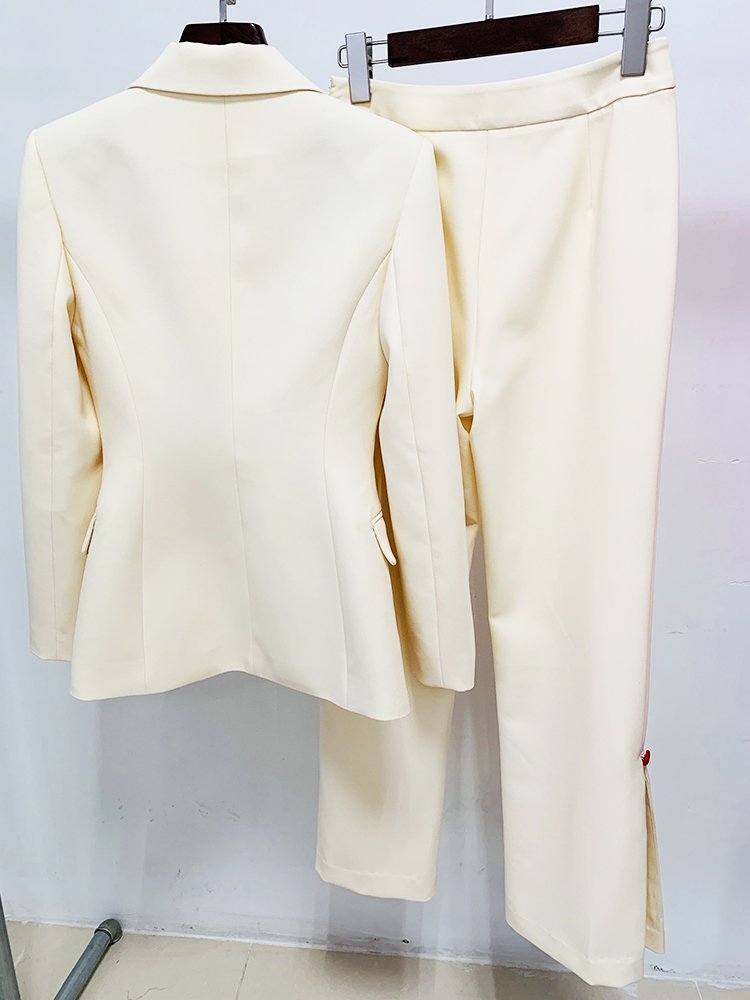 Factory Wholesale 2022 Newest Designer Fashion Runway Suit Set Women's Stylish Color Buttons Trim Blazer Slit Pants Suit
