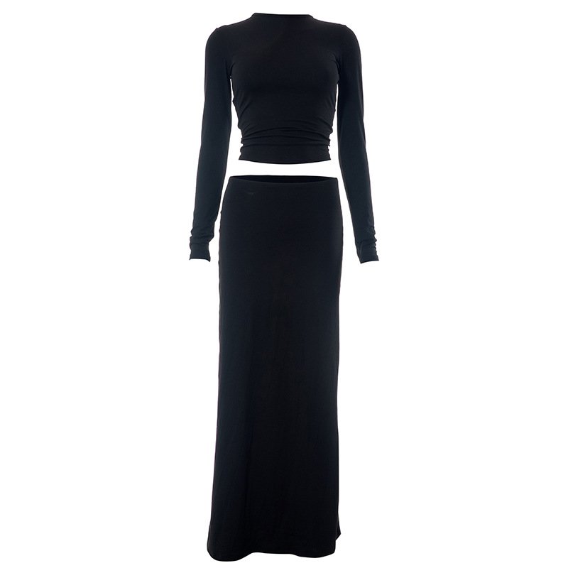 Luluxixiyaya Autumn Long Sleeve Series Half Dress Elastic Waist 250gsm One Layer Two Piece Women Clothing Skirt Set