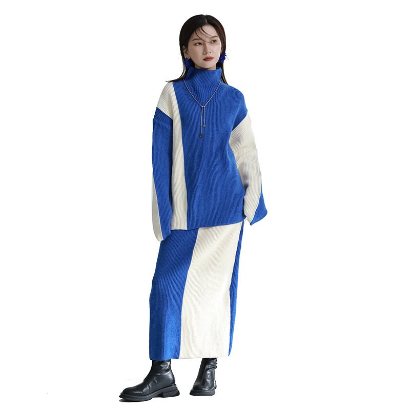 Fashion Knitted 2 Piece Women Two Piece Set Winter Sweater Skirt Set High Neck Long Sleeve Knit Top Women's Sweaters Set