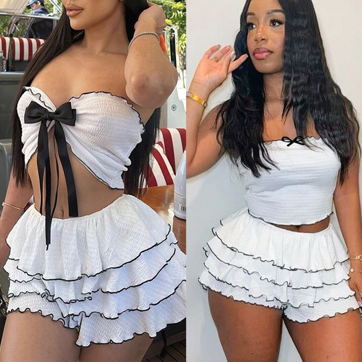 Sexy Women's Cute Skirt Set Bow Strapless Crop Top Mini Skirt 2 Piece Sets Girls Two Piece Mesh Mini Skirt Sets Women Clothing