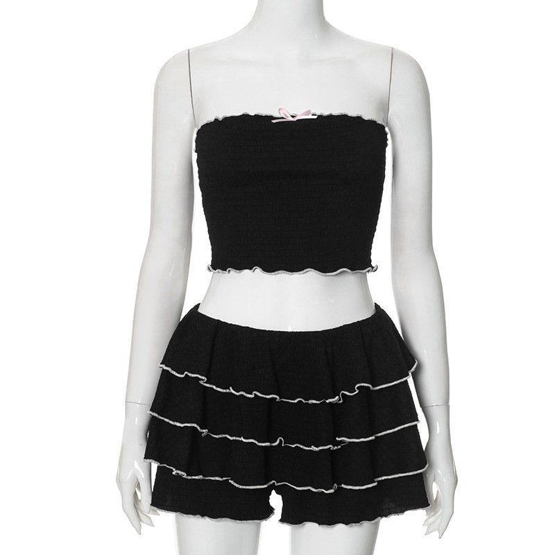 Sexy Women's Cute Skirt Set Bow Strapless Crop Top Mini Skirt 2 Piece Sets Girls Two Piece Mesh Mini Skirt Sets Women Clothing