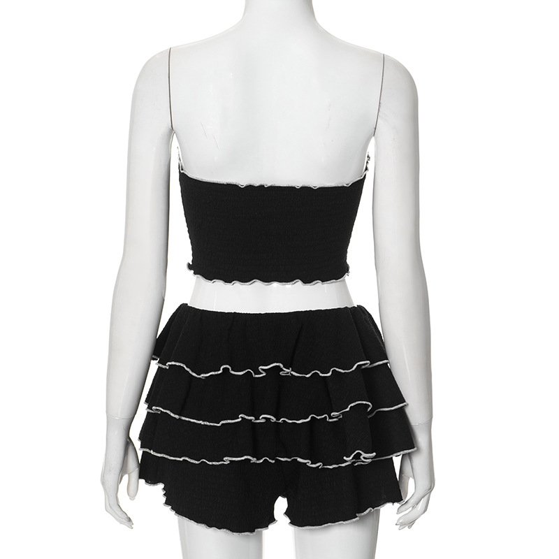Sexy Women's Cute Skirt Set Bow Strapless Crop Top Mini Skirt 2 Piece Sets Girls Two Piece Mesh Mini Skirt Sets Women Clothing