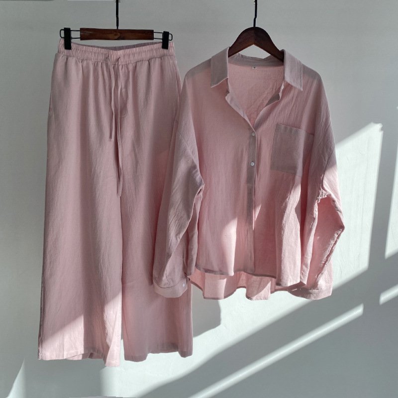 Womens Plus Size Cotton Linen Set Long Sleeve Button Shirt Wide Leg Pants Lounge Sets Solid Casual Two-Piece Outfits