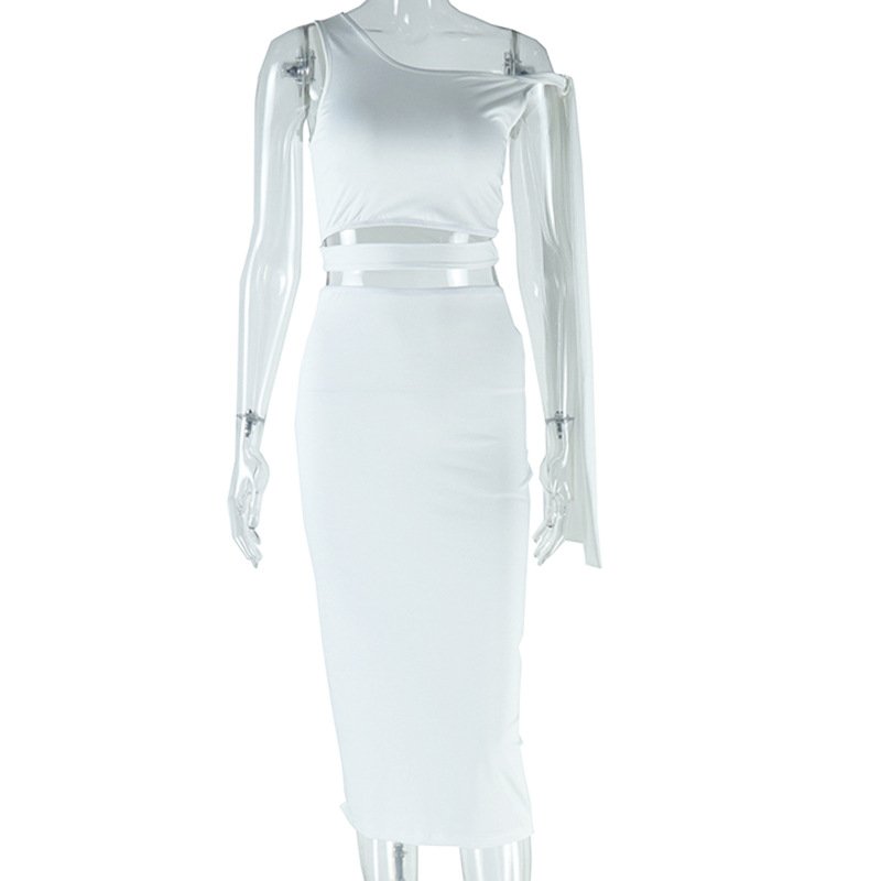 FS14919D single shoulder tops sexy solid colors skirts women's sets