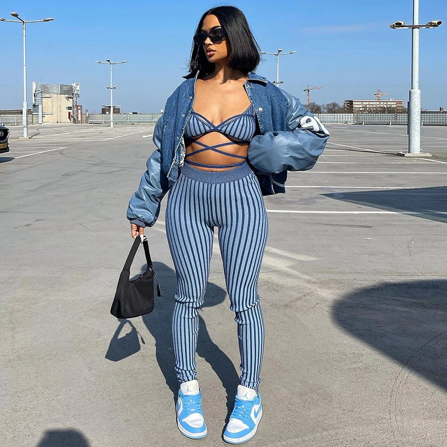 Sexy casual street fashion women's suit Drawstring backless top+tight stretch striped pants 2 Piece set women