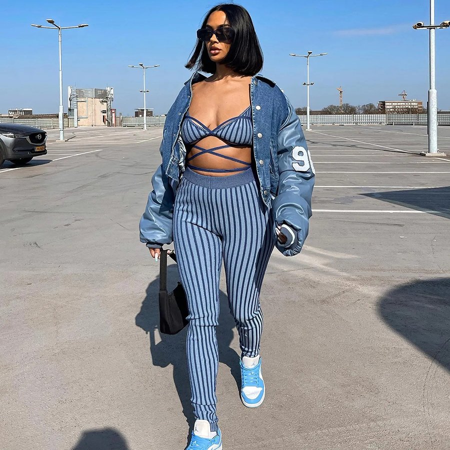 Sexy casual street fashion women's suit Drawstring backless top+tight stretch striped pants 2 Piece set women