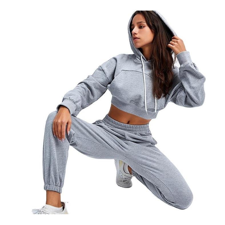 Custom Women hoodie and jogger set 100% cotton long sleeve pocket crop top jogger set pants 2 piece set tracksuits for girls
