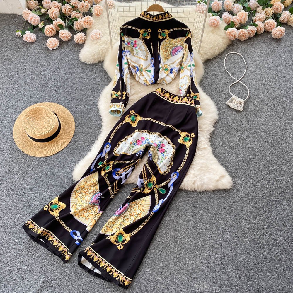 B402043 Women's Sets Vintage Classy Printed 2022 Spring Women's Retro Printed Shirt Wide Leg Trousers
