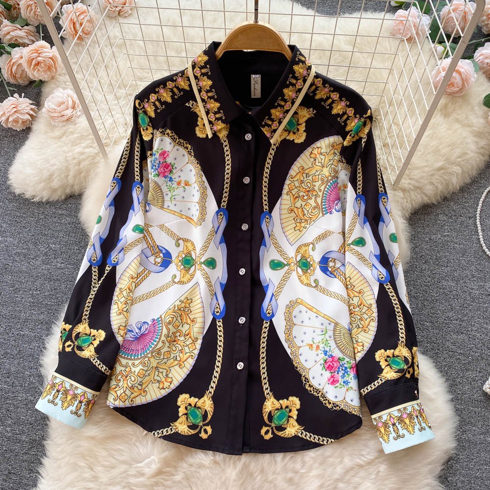 B402043 Women's Sets Vintage Classy Printed 2022 Spring Women's Retro Printed Shirt Wide Leg Trousers