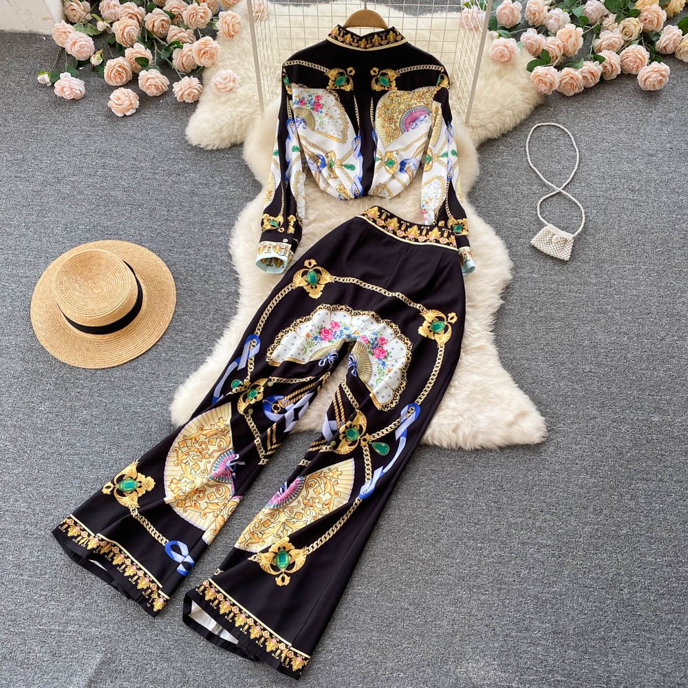 B402043 Women's Sets Vintage Classy Printed 2022 Spring Women's Retro Printed Shirt Wide Leg Trousers