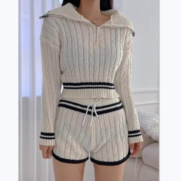 Peeqi L201 Autumn winter style two piece set women's new outfit thick twist knitted sweater set contrast color shorts suit women