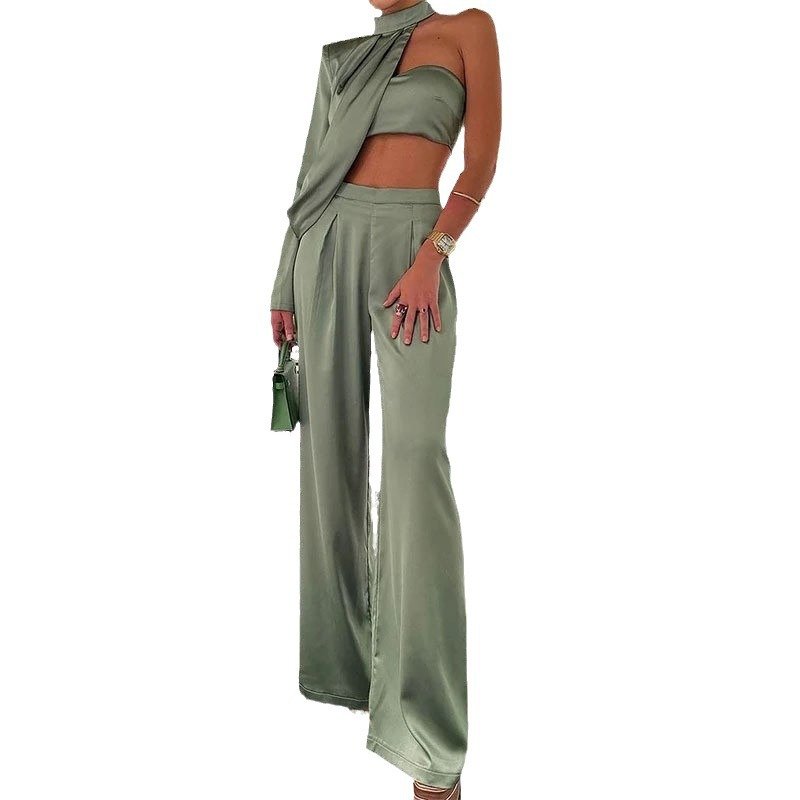 Boutique Wholesale 2024 Summer New Fashionable Sloping Shoulder Strapless Sexy Exposed Navel Wide Leg Pants Women's Set