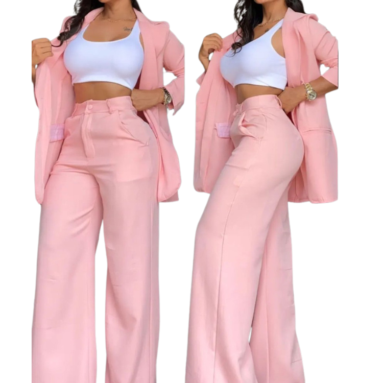 Casual Slim Fit Buttons Sexy Pink Solid Color Lapel Long Sleeve Blazer Jacket Wide Leg Pants Two Piece Suit Suits Set