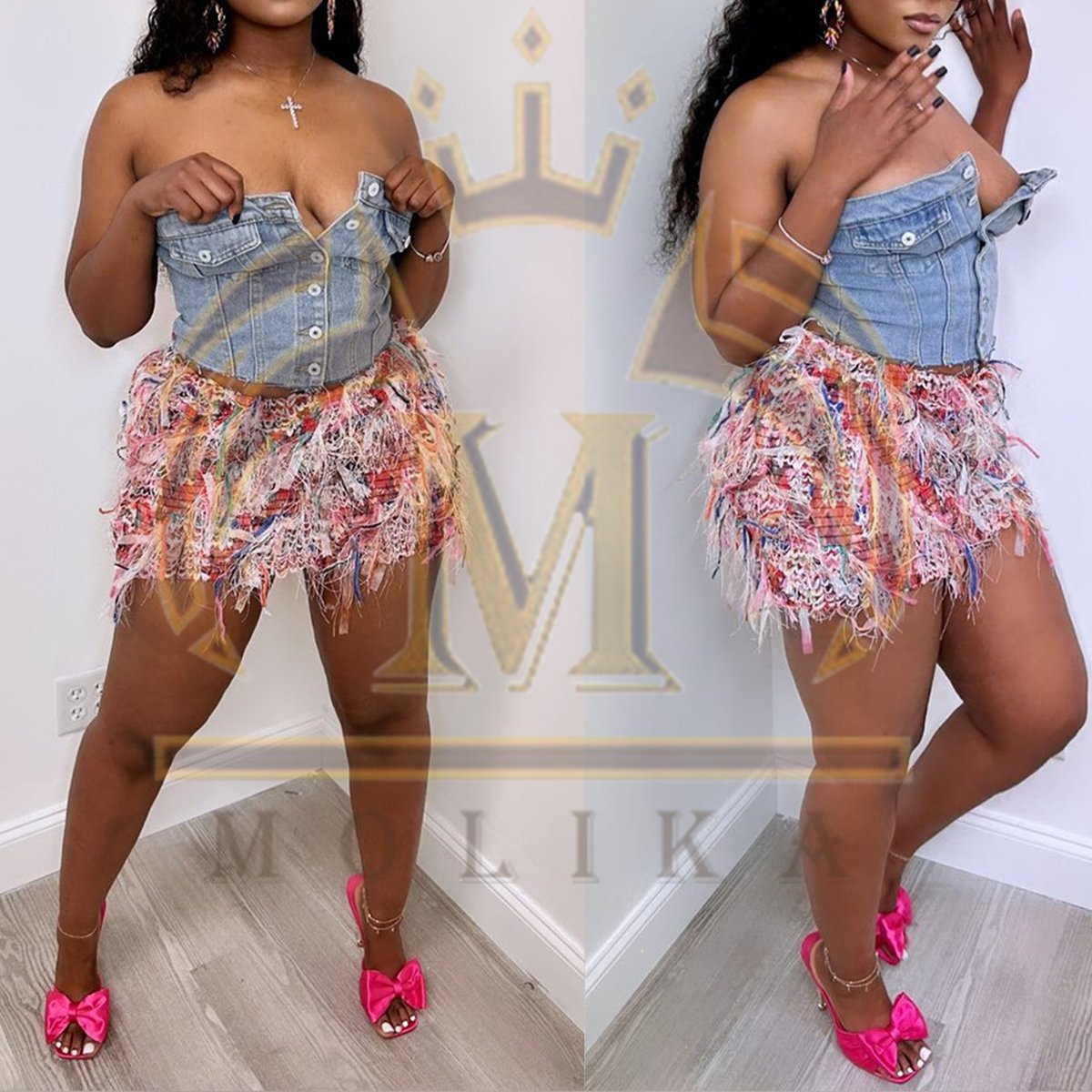 New Trendy Women's Fashion Clothing Denim Crop Top And Feather Skirt Matching Sets Girls Sexy Y2K Two Piece Skirt Sets For Women