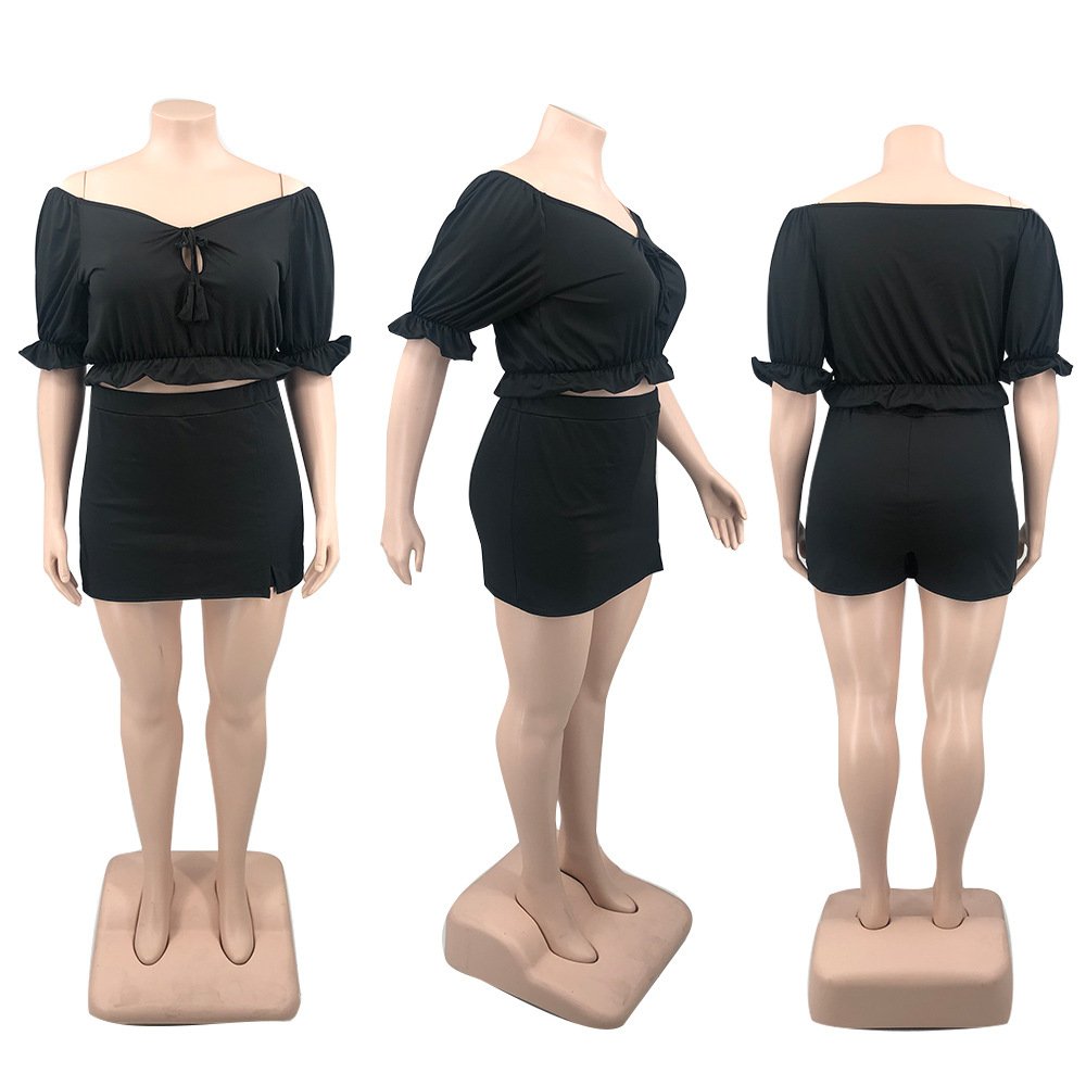 plus size women's clothing summer 2023 solid color sexy one shoulder culottes two piece short set