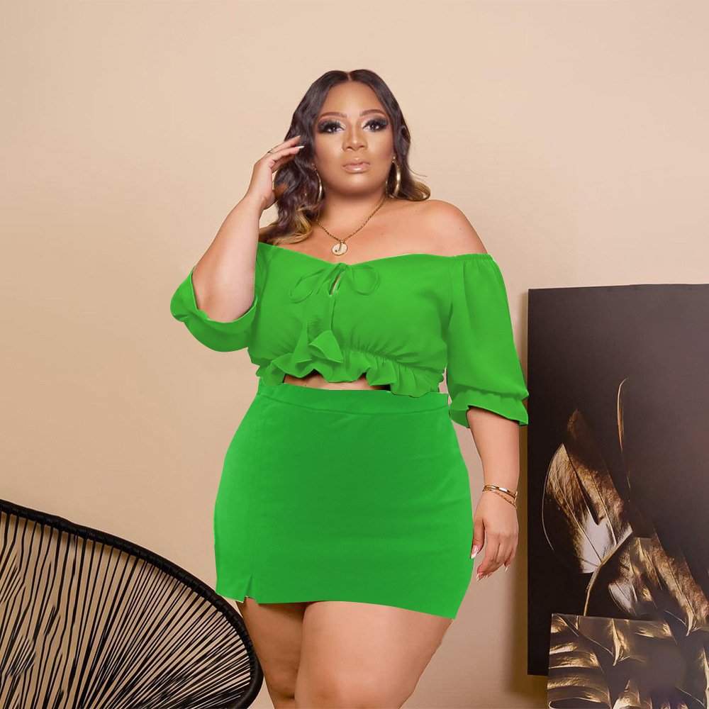 plus size women's clothing summer 2023 solid color sexy one shoulder culottes two piece short set