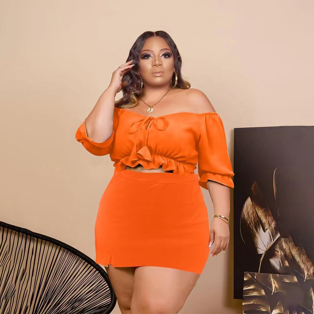 plus size women's clothing summer 2023 solid color sexy one shoulder culottes two piece short set