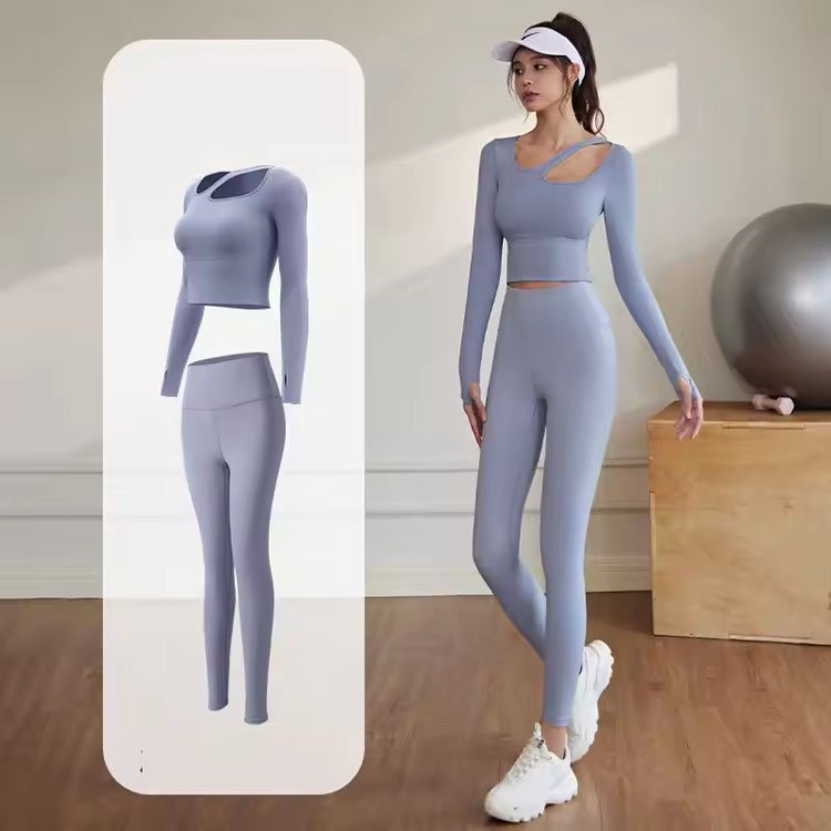 2024 Female 2 Pcs Fitness Sports Outfit Gym Fitness Set Hollow out Long Sleeve Custom top And Legging Sets High Elastic Yoga Set