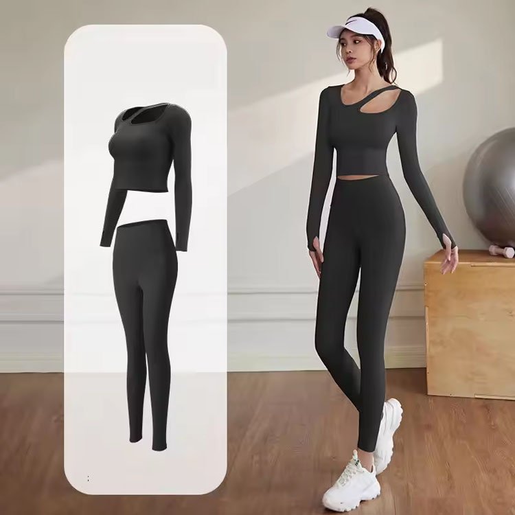 2024 Female 2 Pcs Fitness Sports Outfit Gym Fitness Set Hollow out Long Sleeve Custom top And Legging Sets High Elastic Yoga Set