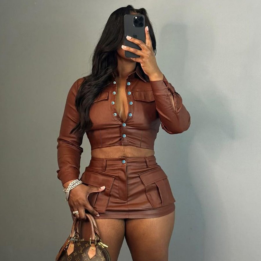 Kliou New Arrivals Fall short pu jacket pockets skirt women's sets casual outfits leather 2 piece set women