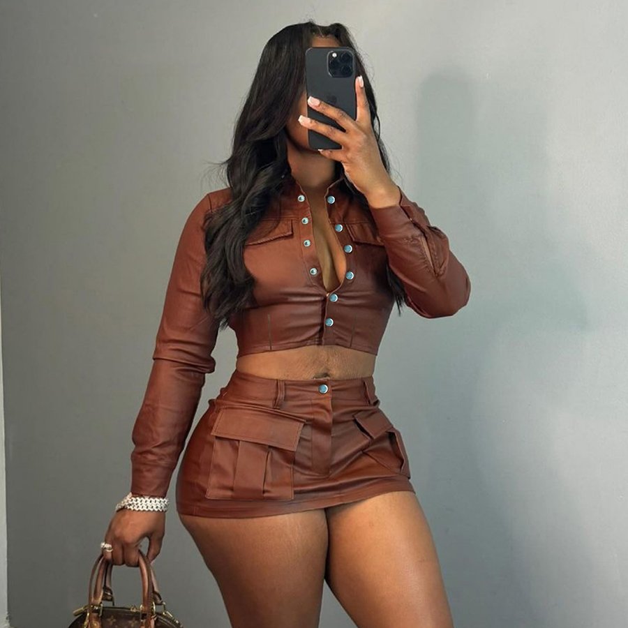 Kliou New Arrivals Fall short pu jacket pockets skirt women's sets casual outfits leather 2 piece set women