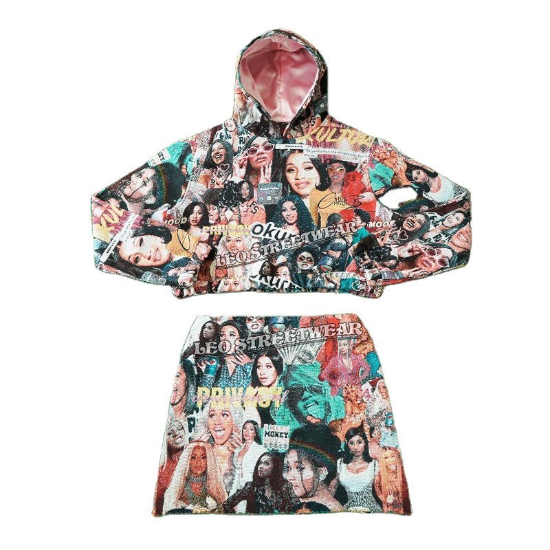 Rap Graphic Cropped Woven Tapestry Hoodie Custom Women's Two Piece Set Clothing Crop Top Hoodie Skirt Shorts Set for Women