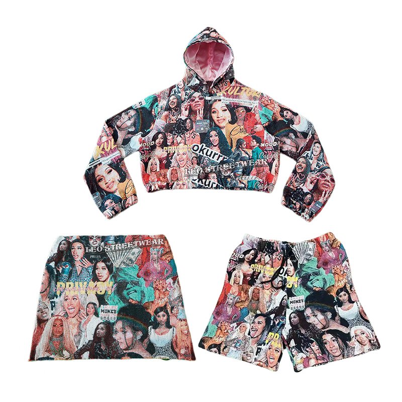 Rap Graphic Cropped Woven Tapestry Hoodie Custom Women's Two Piece Set Clothing Crop Top Hoodie Skirt Shorts Set for Women