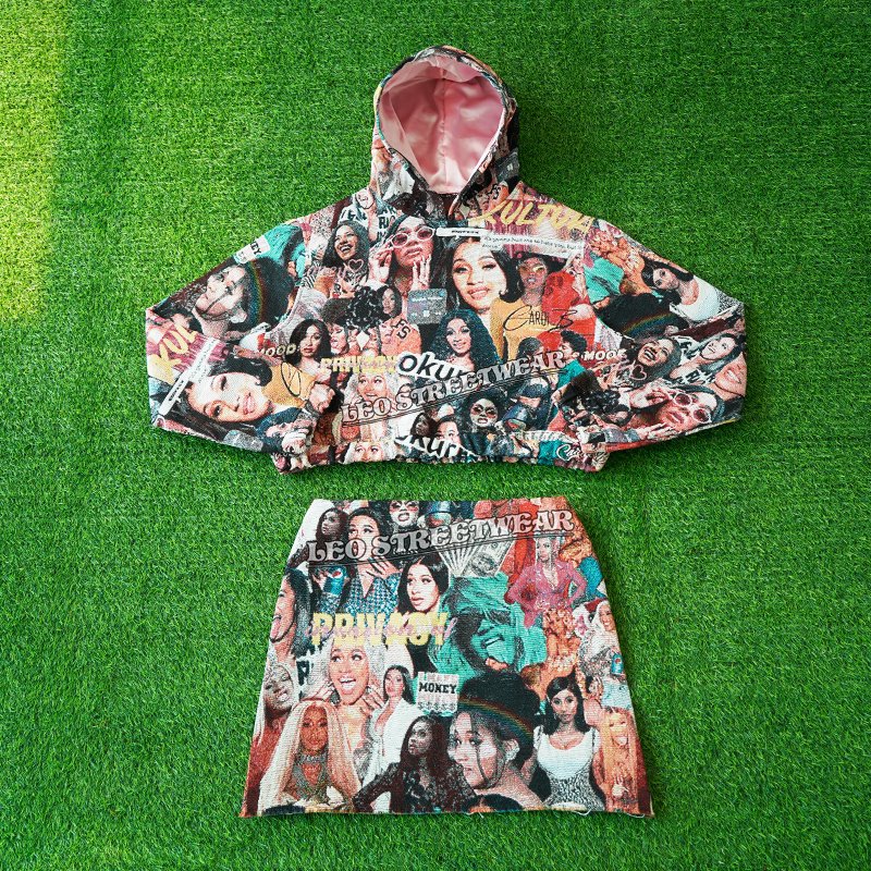 Rap Graphic Cropped Woven Tapestry Hoodie Custom Women's Two Piece Set Clothing Crop Top Hoodie Skirt Shorts Set for Women