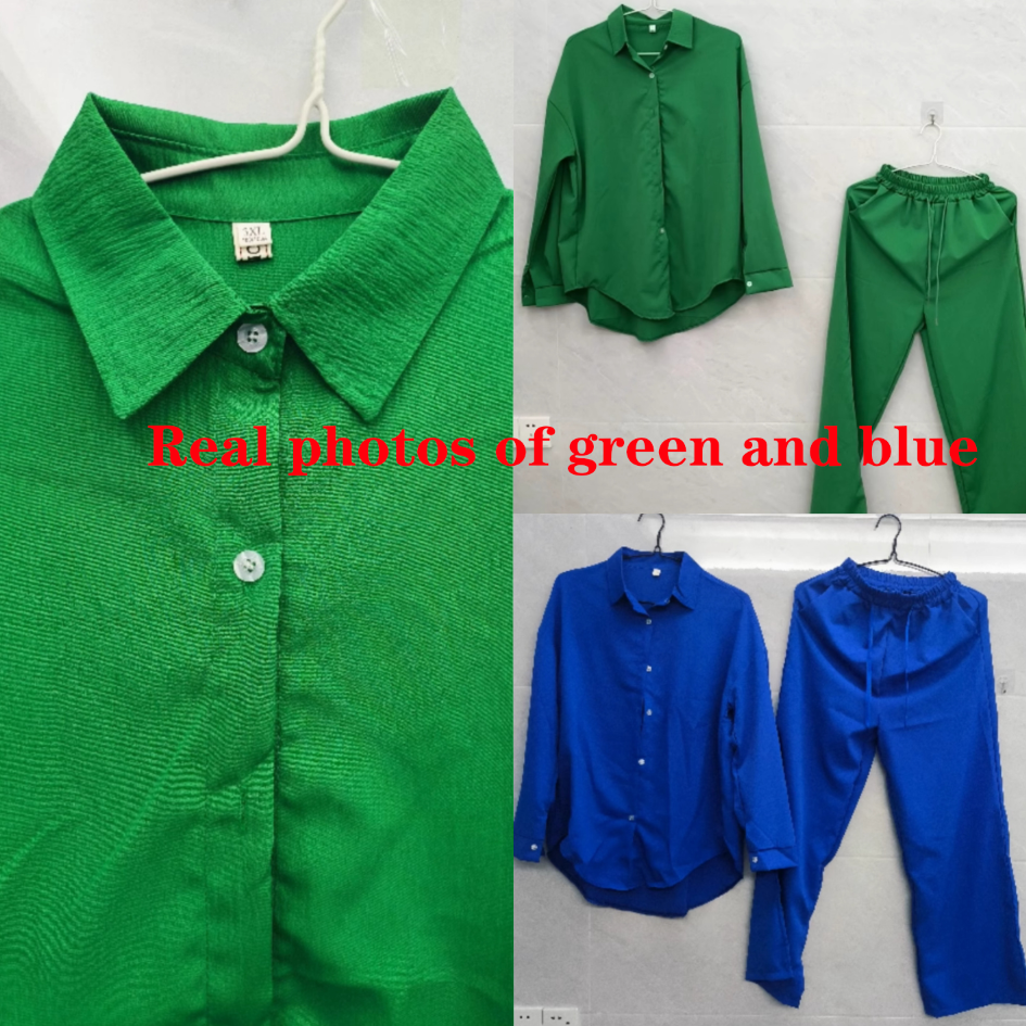 Solid Color Simple Clothing Spring Suit Two Piece Ladies Trouser And Shirt Sets Temperament Long Sleeve Top Straight Leg Pants