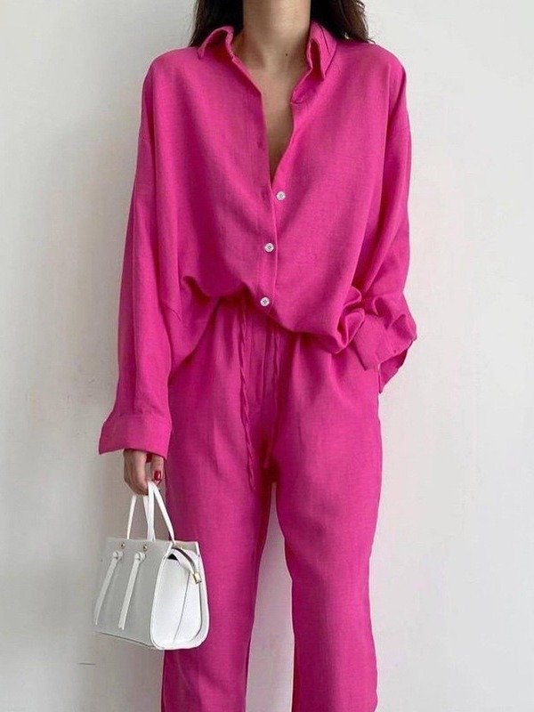 Solid Color Simple Clothing Spring Suit Two Piece Ladies Trouser And Shirt Sets Temperament Long Sleeve Top Straight Leg Pants
